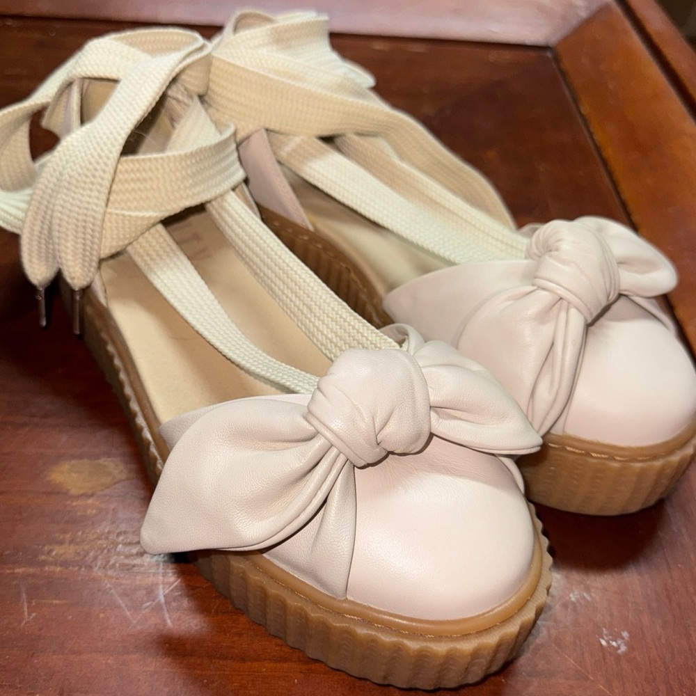 Puma Fenty Sandals Women’s 8 By Rihanna Creeper Bow Butterfly Ankle Tie Pink Tan